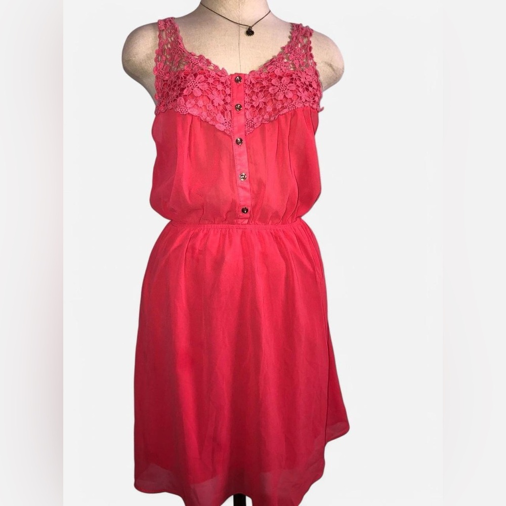 Papaya vibrant pink floral lace button down dress summer women’s size small